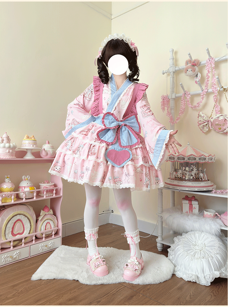 Niu Niu - Showa Moe Bear - Plus Size Wa Lolita Dress Set Kawaii Lolita SK Suit pink top only L