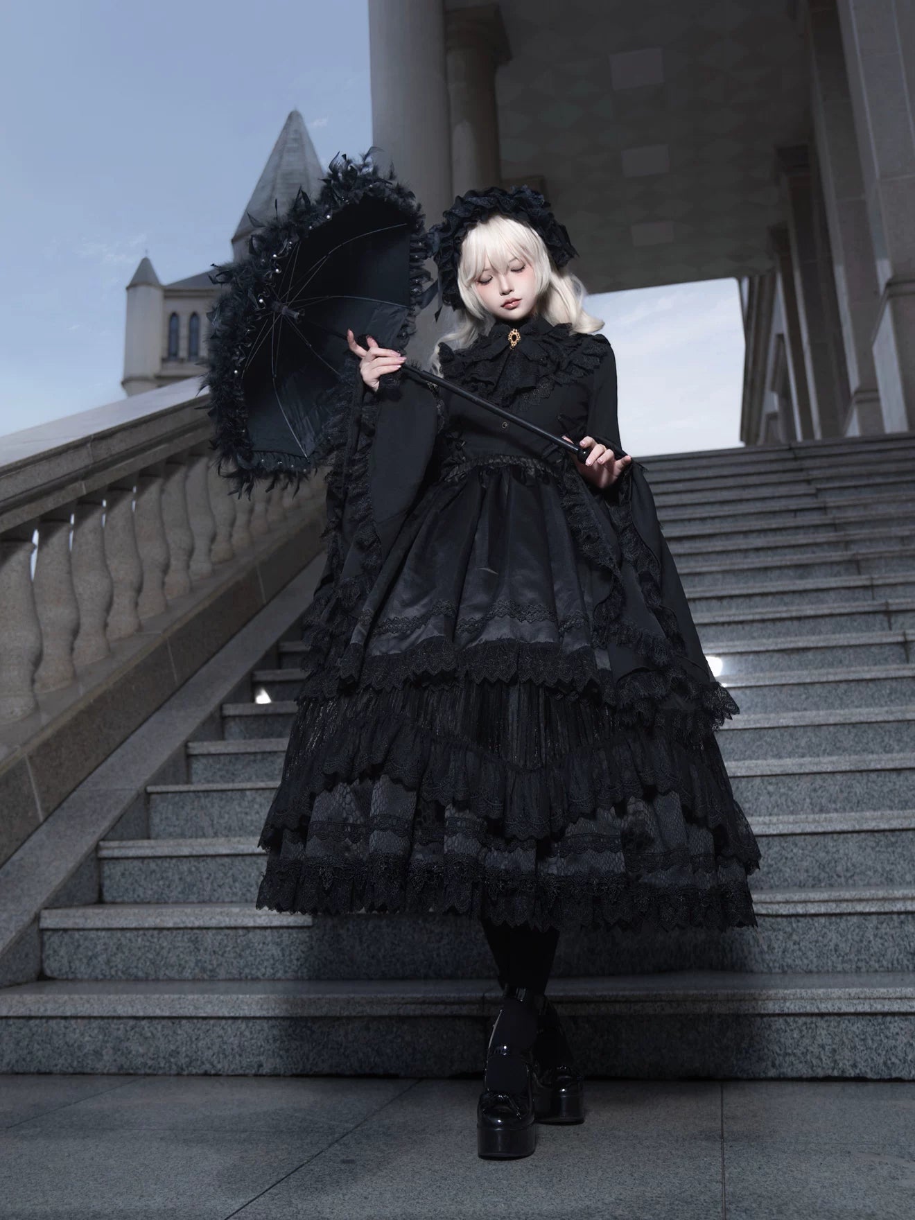 Broken Winged Bat - Gothic Lolita Shirt & SK Set, Bat-wing Shaped Hem 44706:824149