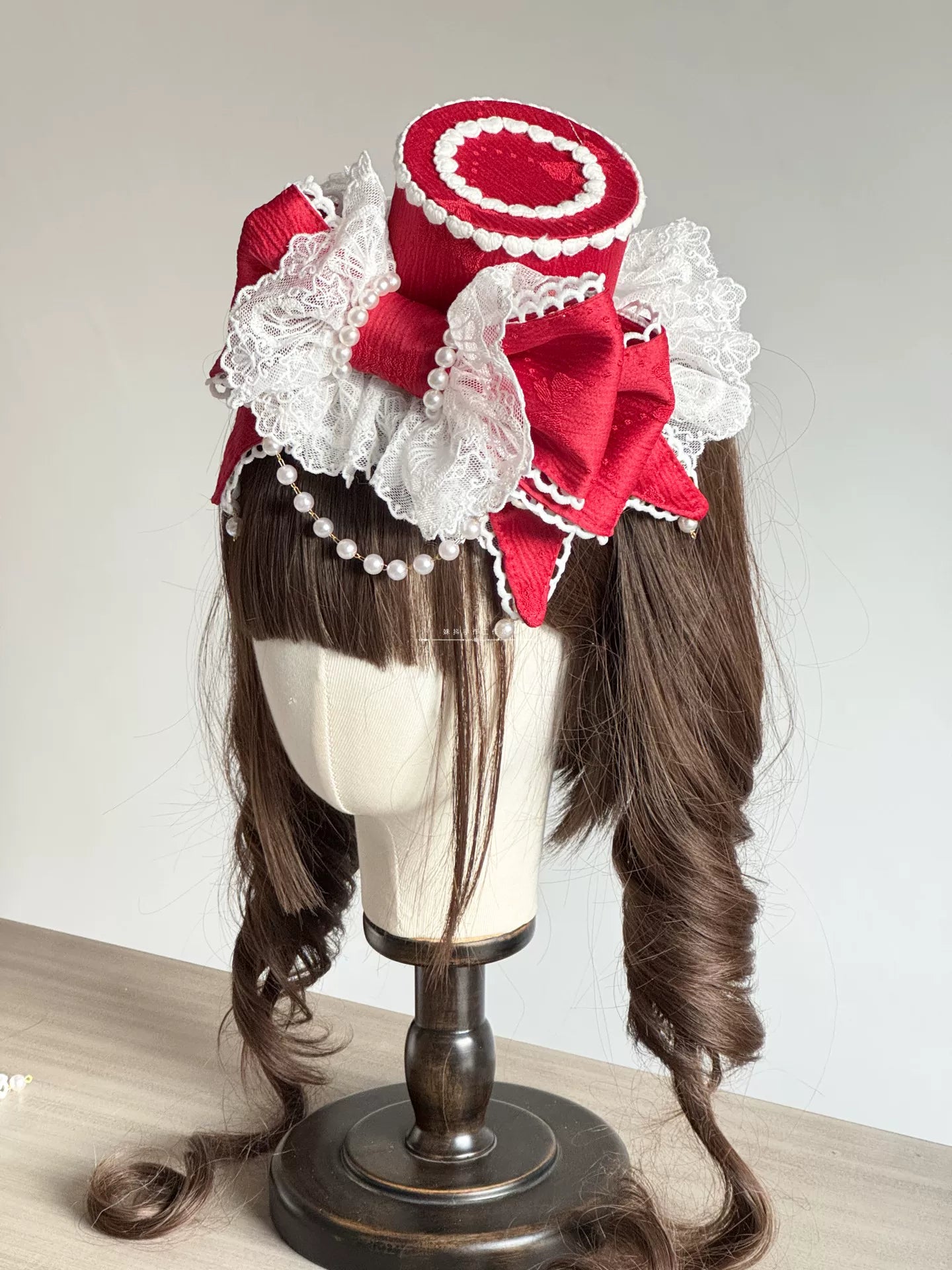 Sweet Lolita Bowknot Top Hat, Lace & Pearl Detail