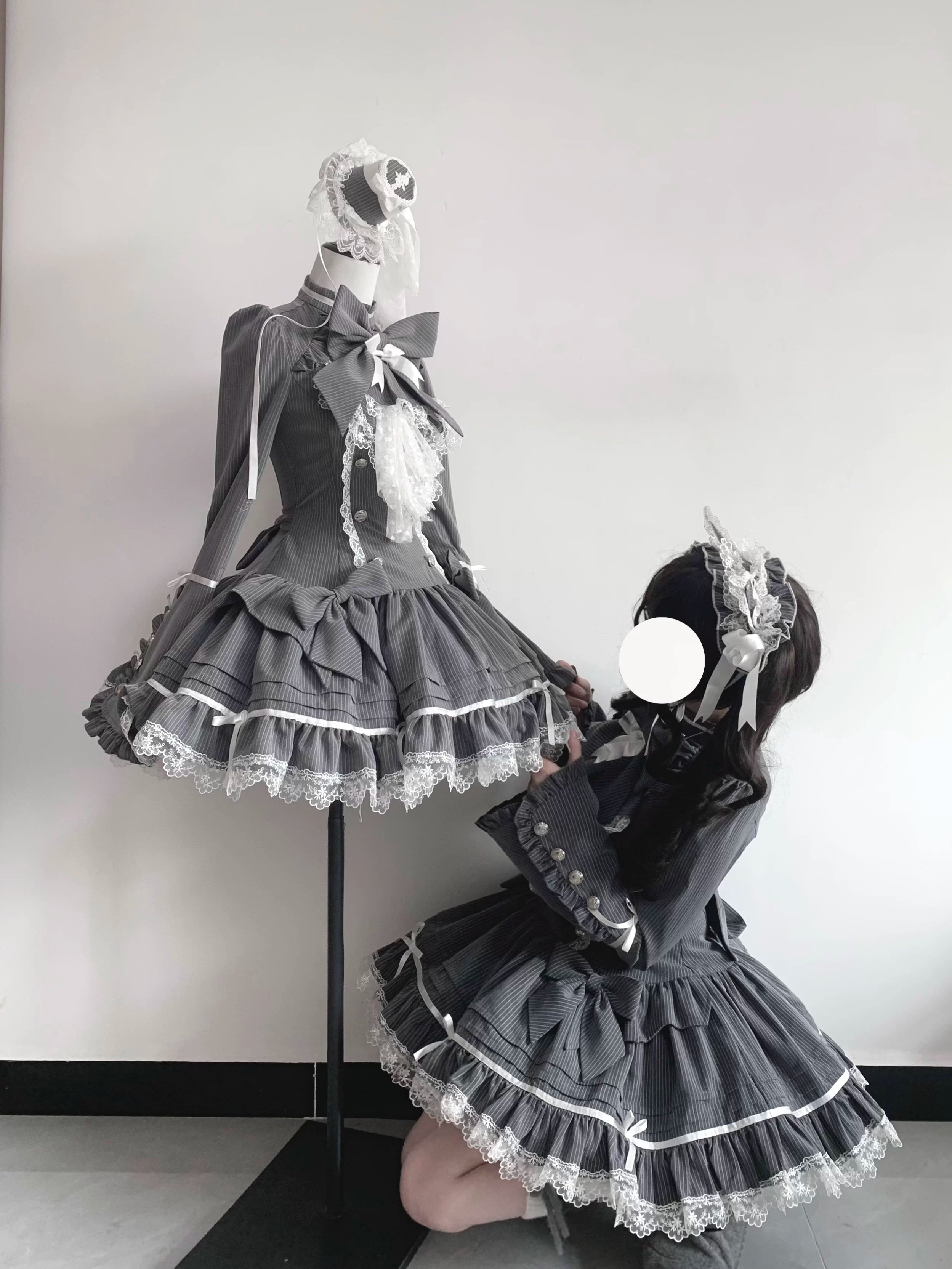 Phantom Kitty - Old School Lolita Low Waist OP Dress, Lace & Bow 45119:836216