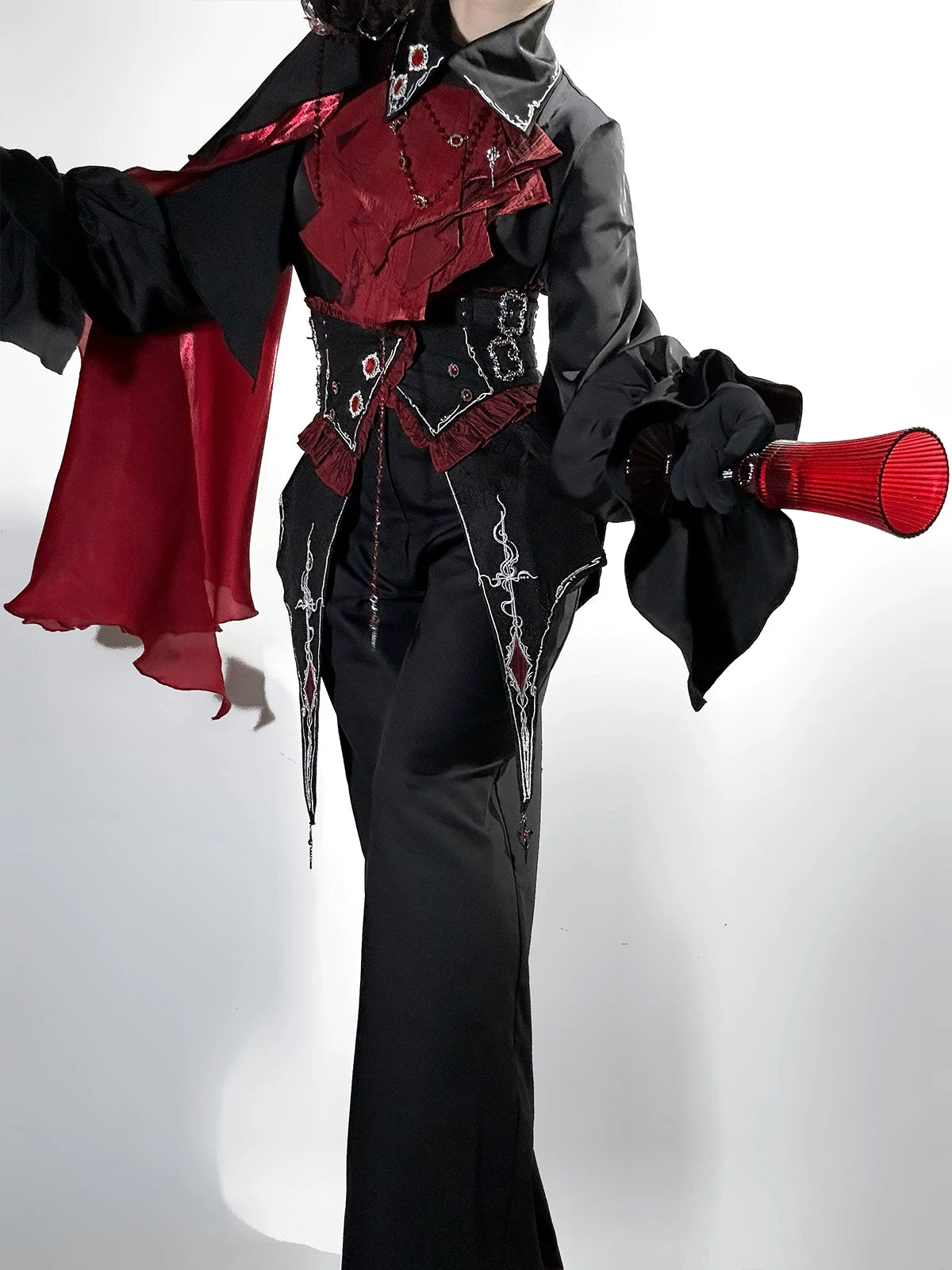 Crimson Vow - Red Black Ouji Lolita Blouse & Pants Set, Vine Embroidery 45953:869270