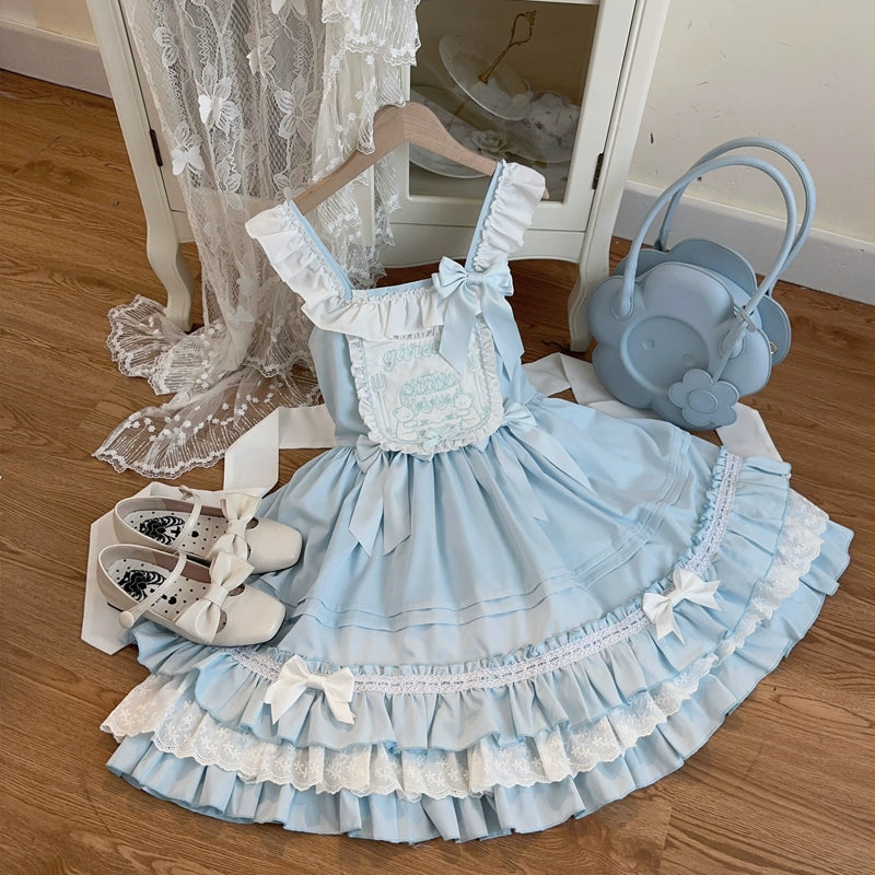Hanguliang - Sweet Bear - Kawaii Lolita JSK Dress Embroidery Flounce Hem
