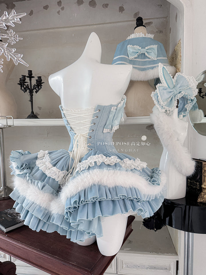 POSHEPOSE~Chuling Swan Lake~Sweet Lolita JSK Set Velvet Blue Dress for Prom 42865:755805