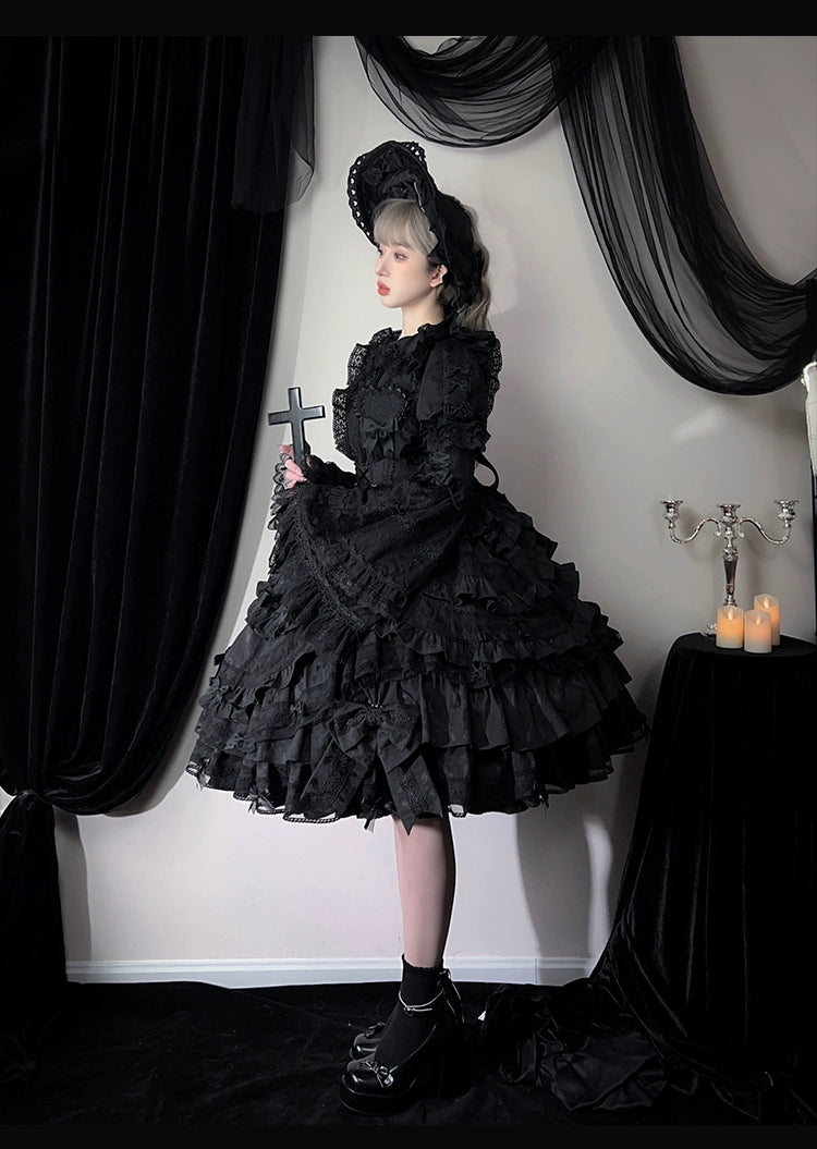 Lost Aqua~Vintage Lolita Dress Set Cotton Shirt XS Black FS (with black badge)