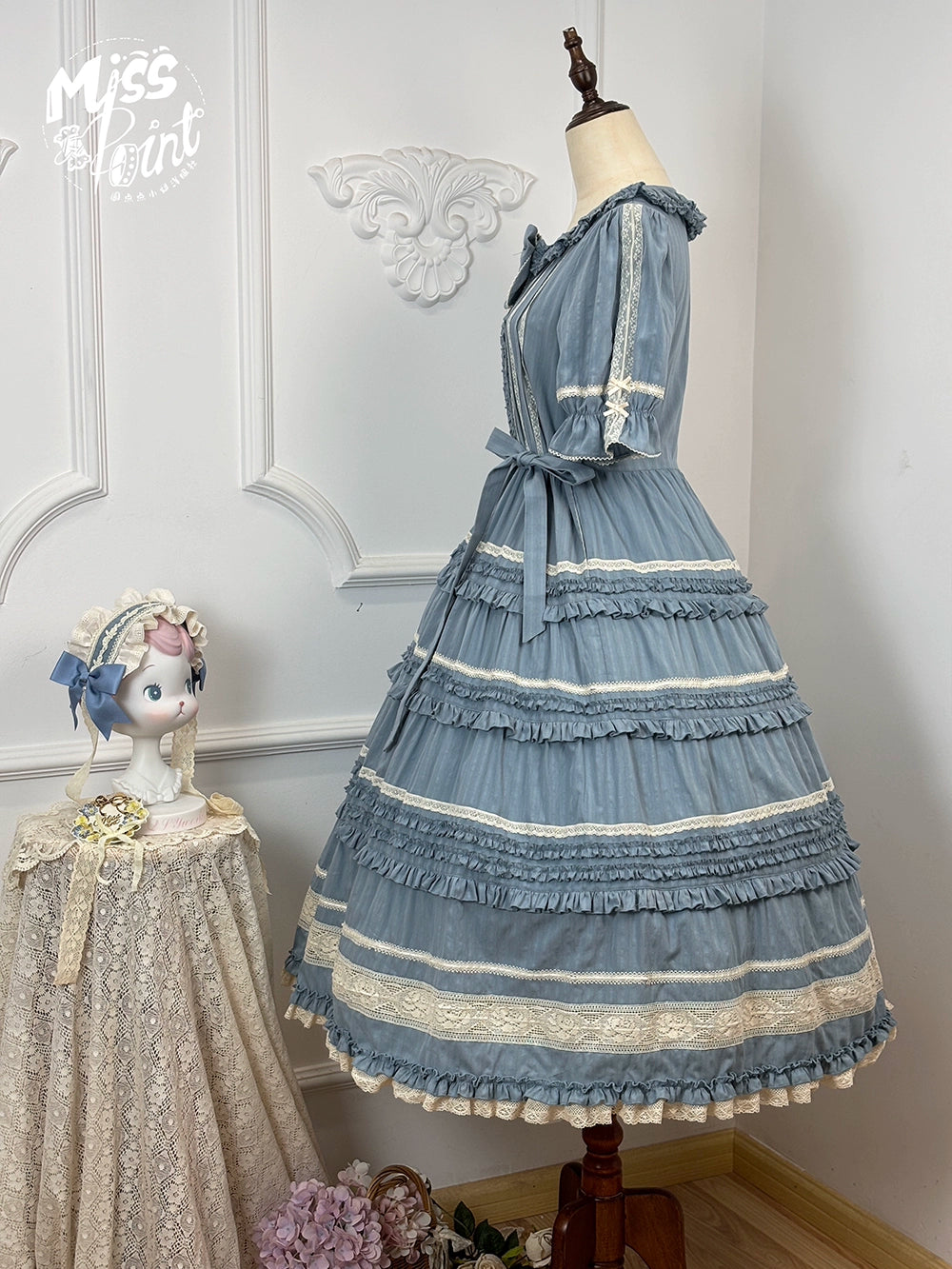 Miss Point~Cat Rose Tea~Elegant Lolita OP Open-front Short Sleeve Tiered Dress 42135:727827