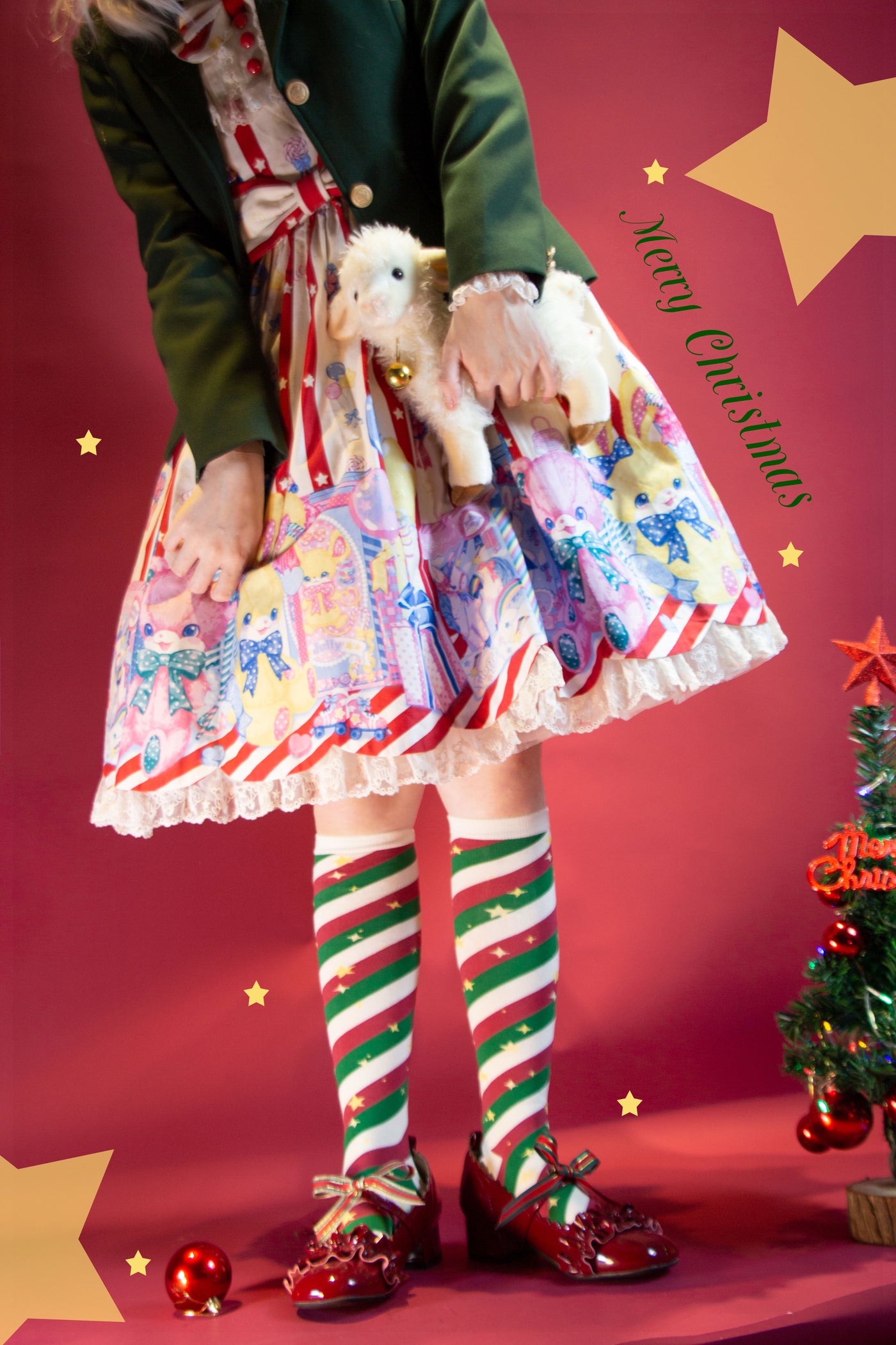 Yukines Box~Kawaii Lolita Cotton Socks for Christmas short socks christmas diagonal stripes 