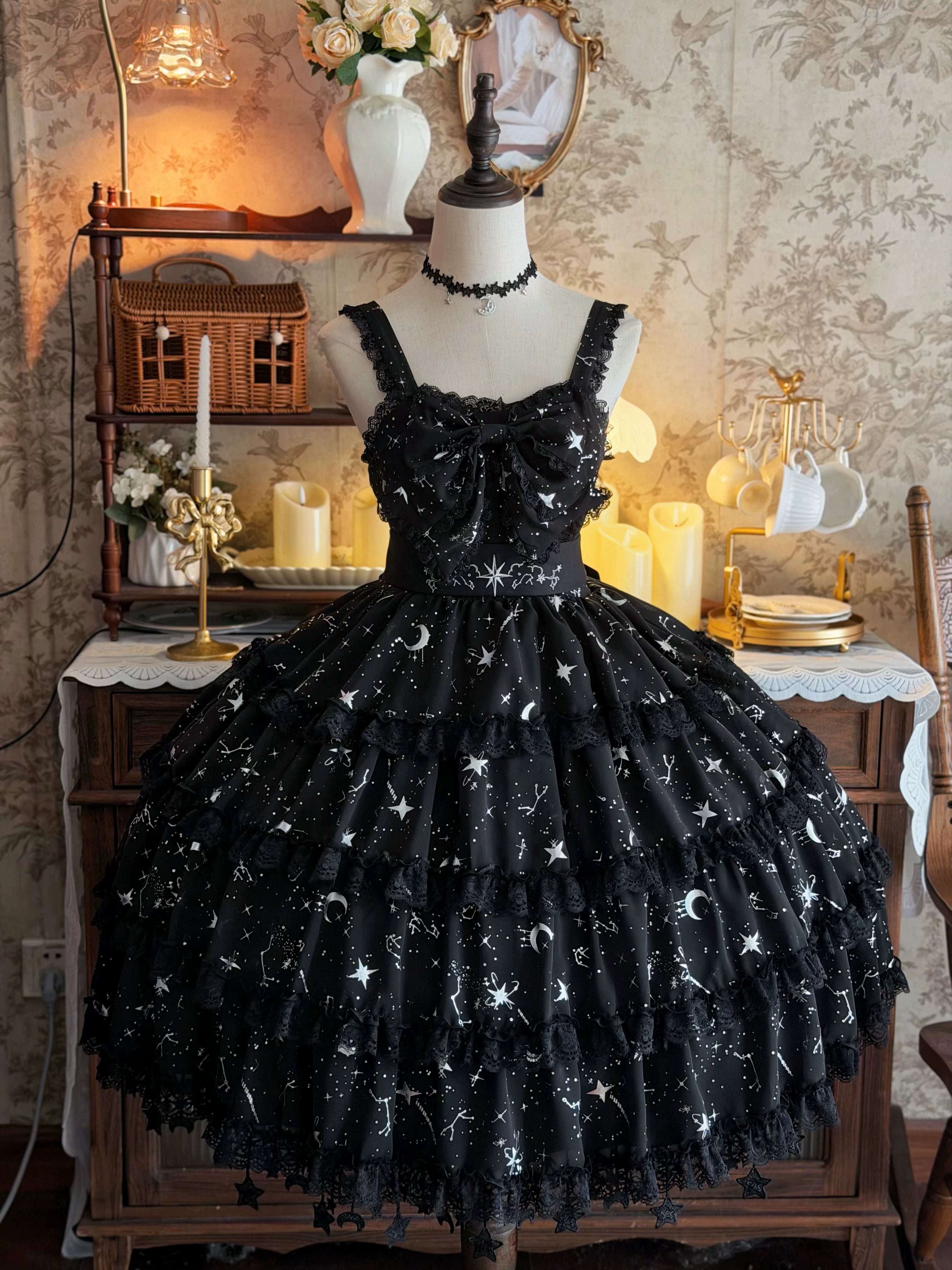 Twin Stars - Classic Lolita Chiffon JSK Dress, Star & Moon Stamping (L M S) 45764:861299
