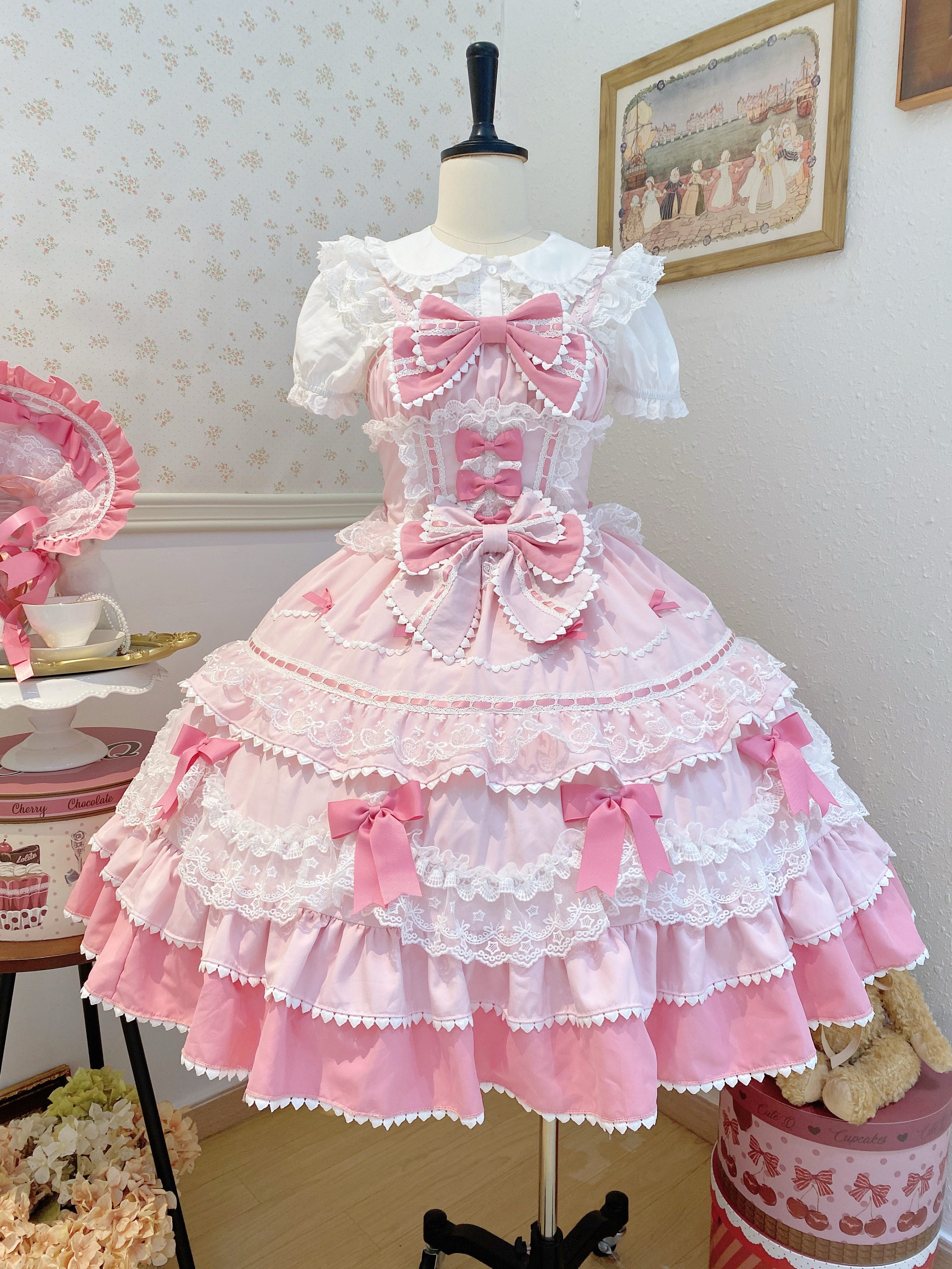 Sugar Girl - Fondant Cake - Summer Sweet Lolita JSK Dress, Tiered Ruffles and Bows Pink JSK Only S