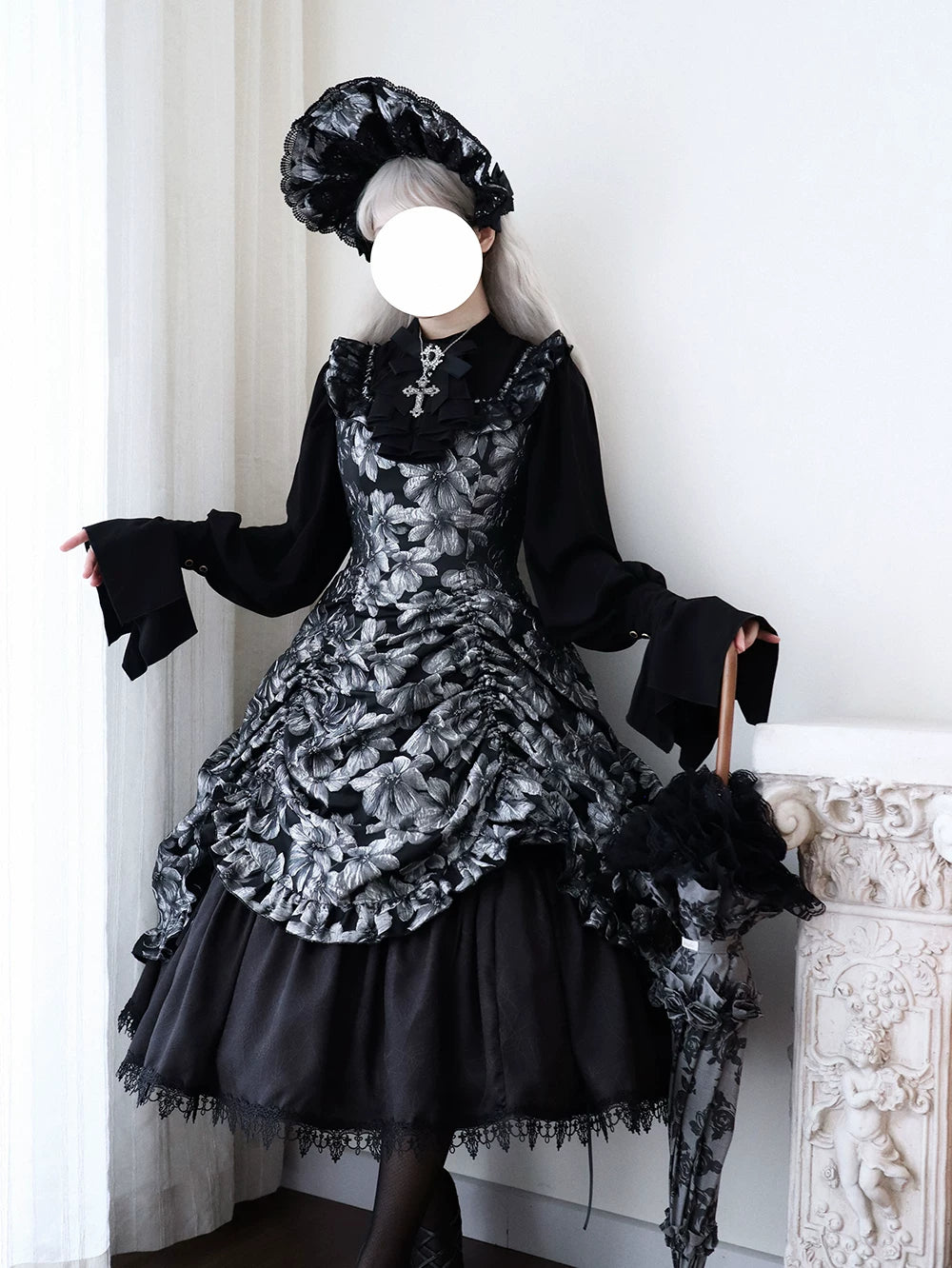 Midnight Lily - Gothic Lolita Lily Jacquard JSK Dress, Drawstring Lift-up Hem 45765:861813