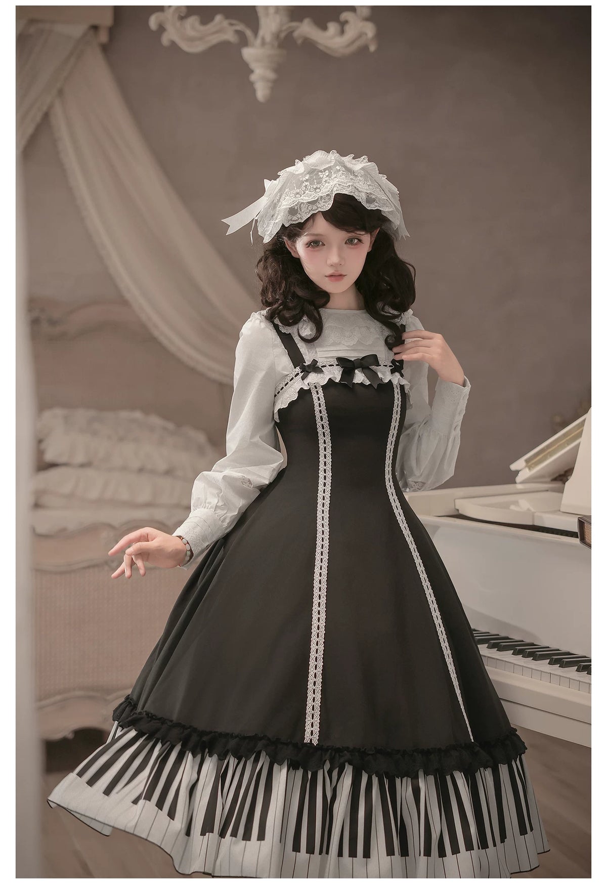 Solo Moment - Classic Lolita JSK & Blouse Dress Set, Piano Keys Print 45940:869026