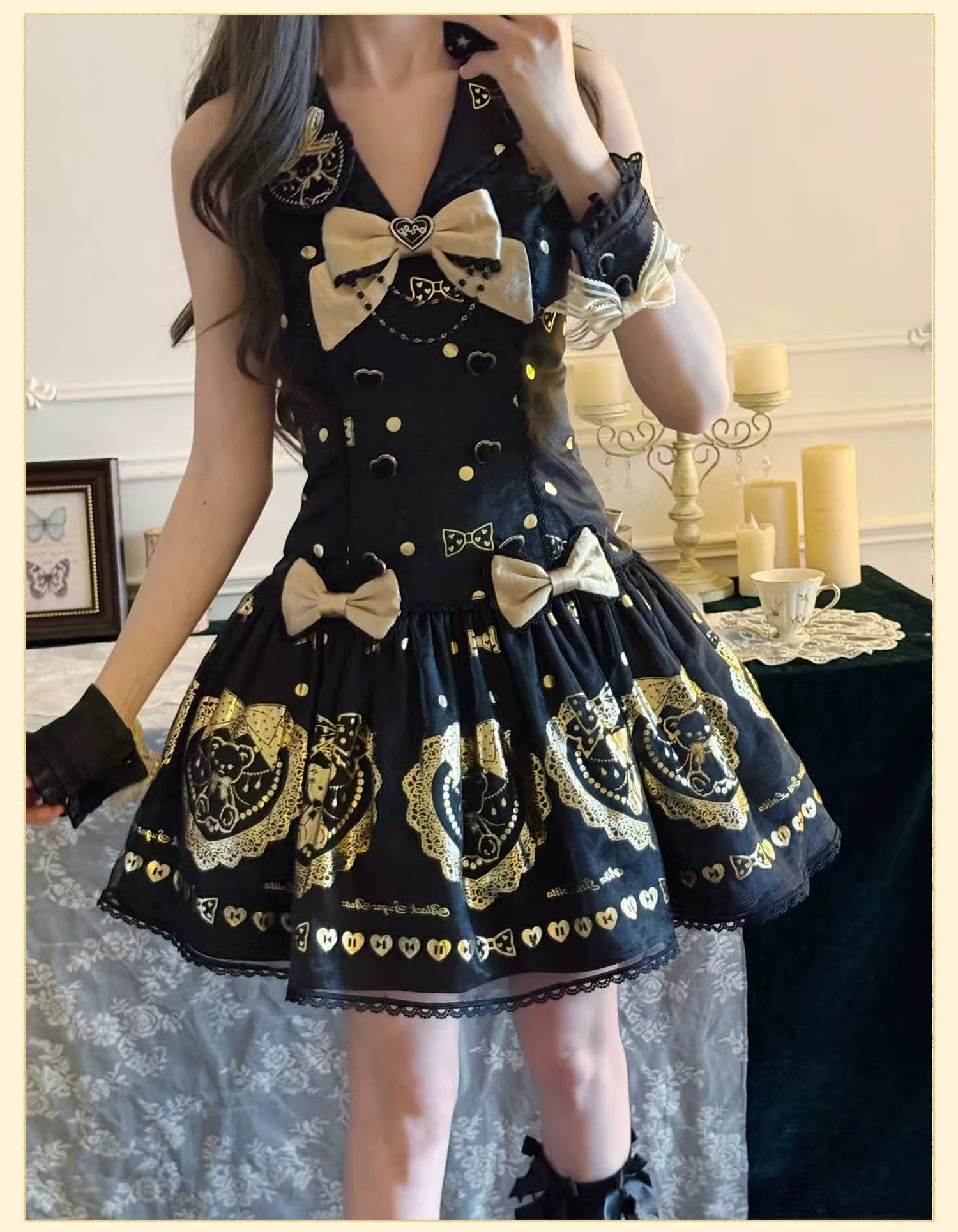 Brown Sugar Bear - Old School Lolita OP & Halter Dress, Bear Print 45249:842114