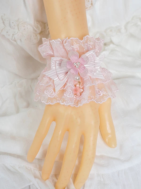 Sakura Pink Sweet Lolita Lace Cuffs, Floral Pendant