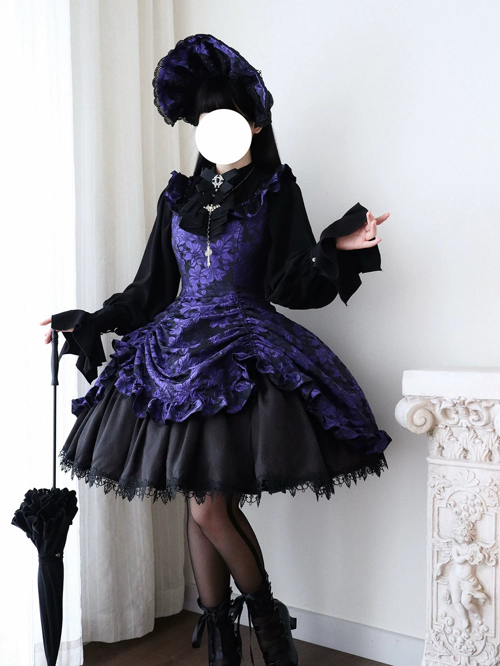 Midnight Lily - Gothic Lolita Lily Jacquard JSK Dress, Drawstring Lift-up Hem 45765:861814