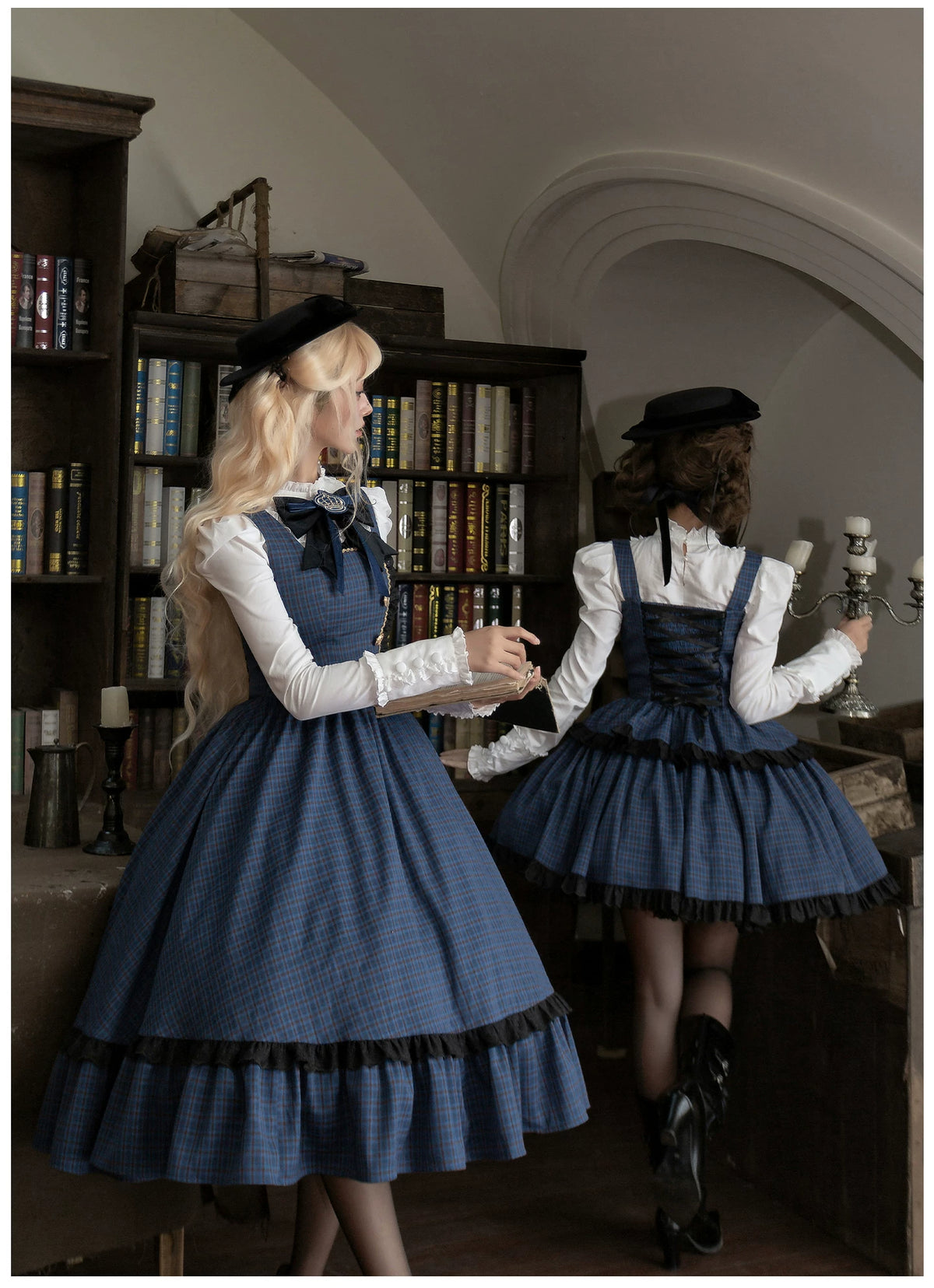 Heide Diary - Classic Lolita Blouse & JSK Dress Set, Blue Plaid