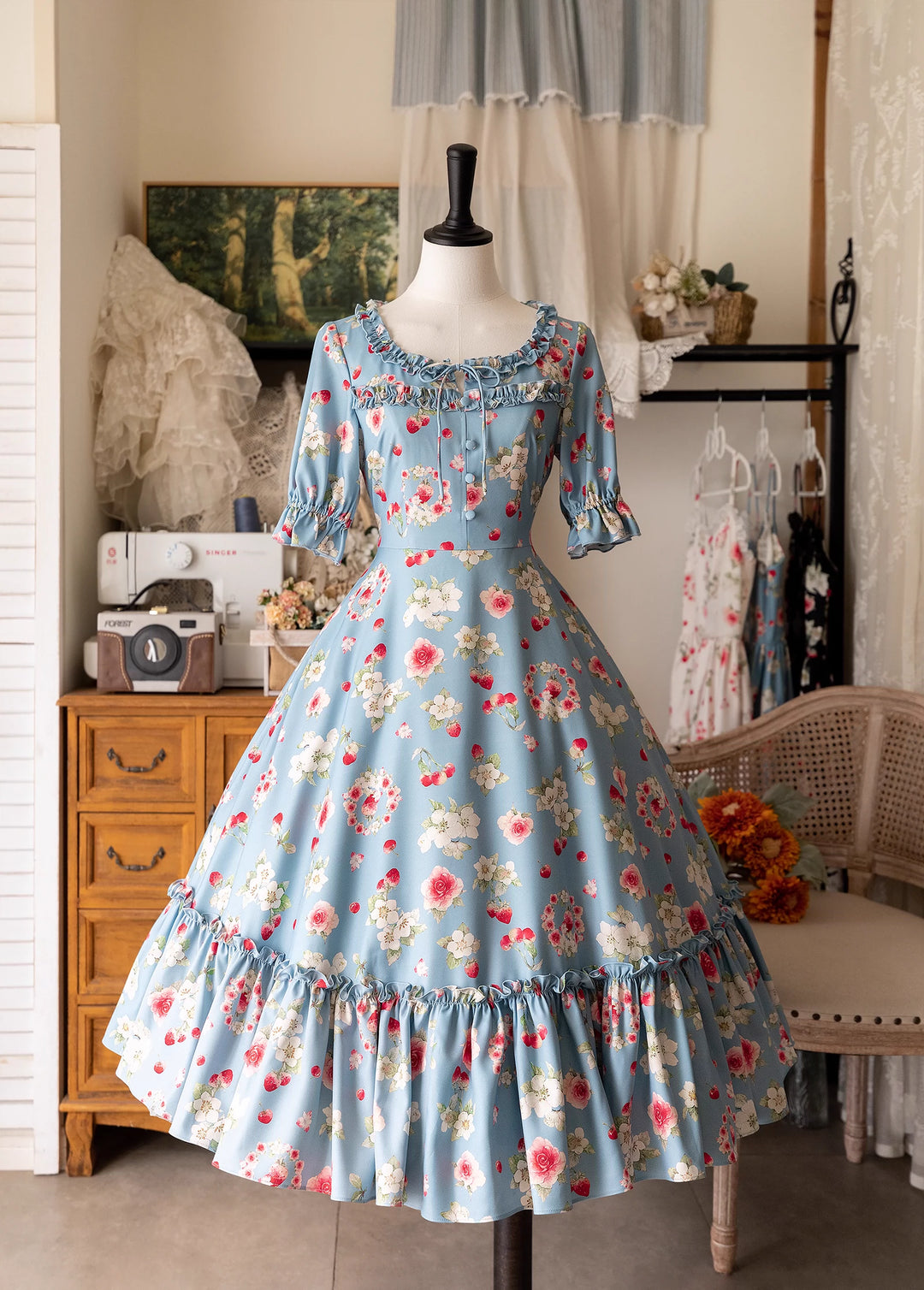 Forest Wardrobe~Summer Berry Picture Book~Vintage Lolita OP Dress Floral Print Short Sleeve Dress S blue 