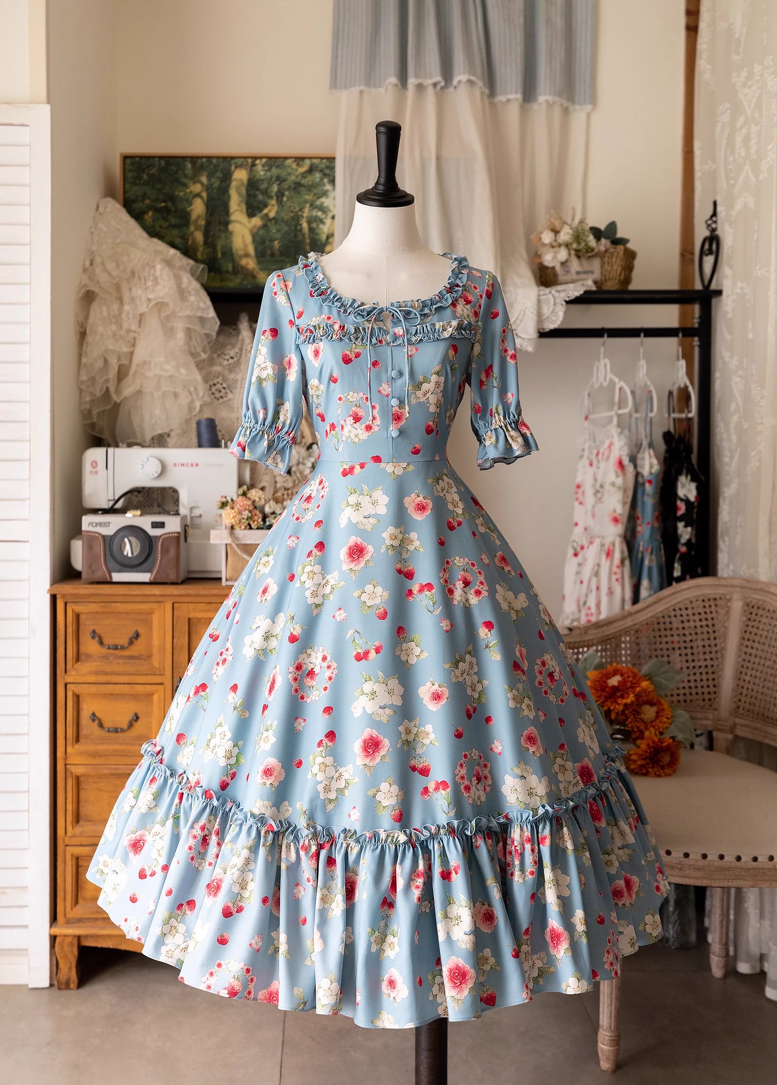 Forest Wardrobe - Summer Berry Picture Book - Vintage Lolita OP Dress Floral Print Short Sleeve Dress S blue