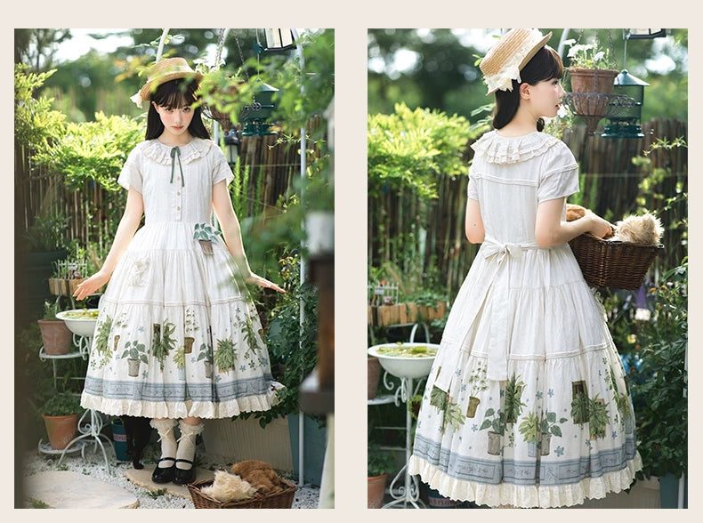 Piggy Bun - Potted Plant - Country Lolita Dress, Green Plant Print