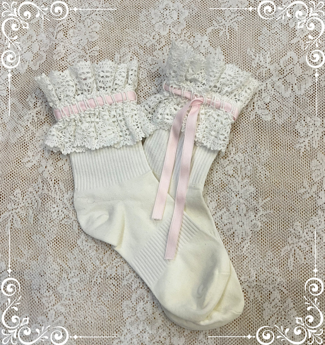 (BFM)Little Bear~Laura's Doll~Sweet Lolita Socks Cotton Short Socks Mid-calf Socks Pink ribbed short socks  