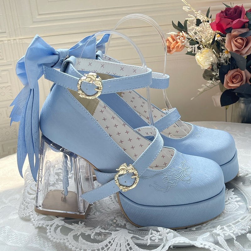 Dreamland - Floating Koi Land - Satin Classic Lolita Platform Shoes, Transparent Heel (Blue / 34 35 36 37 38 39 40 41) 44317:804079