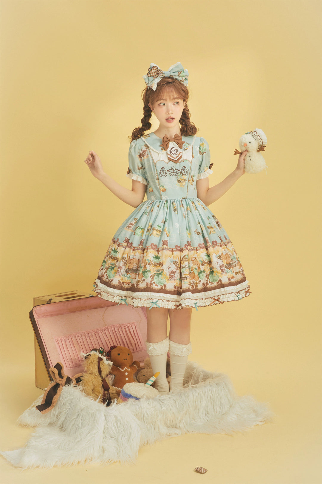 Babyblue~Little Bear Honey Jar~Kawaii Lolita Short Sleeve OP Gingerbread Man Embroidered Dress   