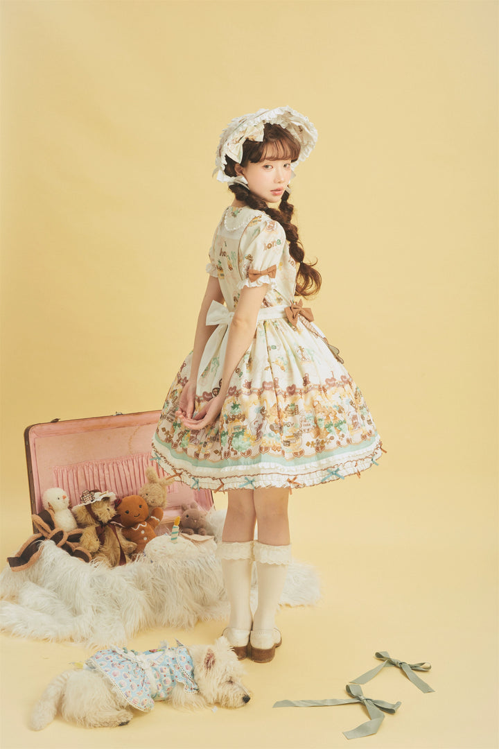 Babyblue~Little Bear Honey Jar~Kawaii Lolita Short Sleeve OP Gingerbread Man Embroidered Dress 40362:656950