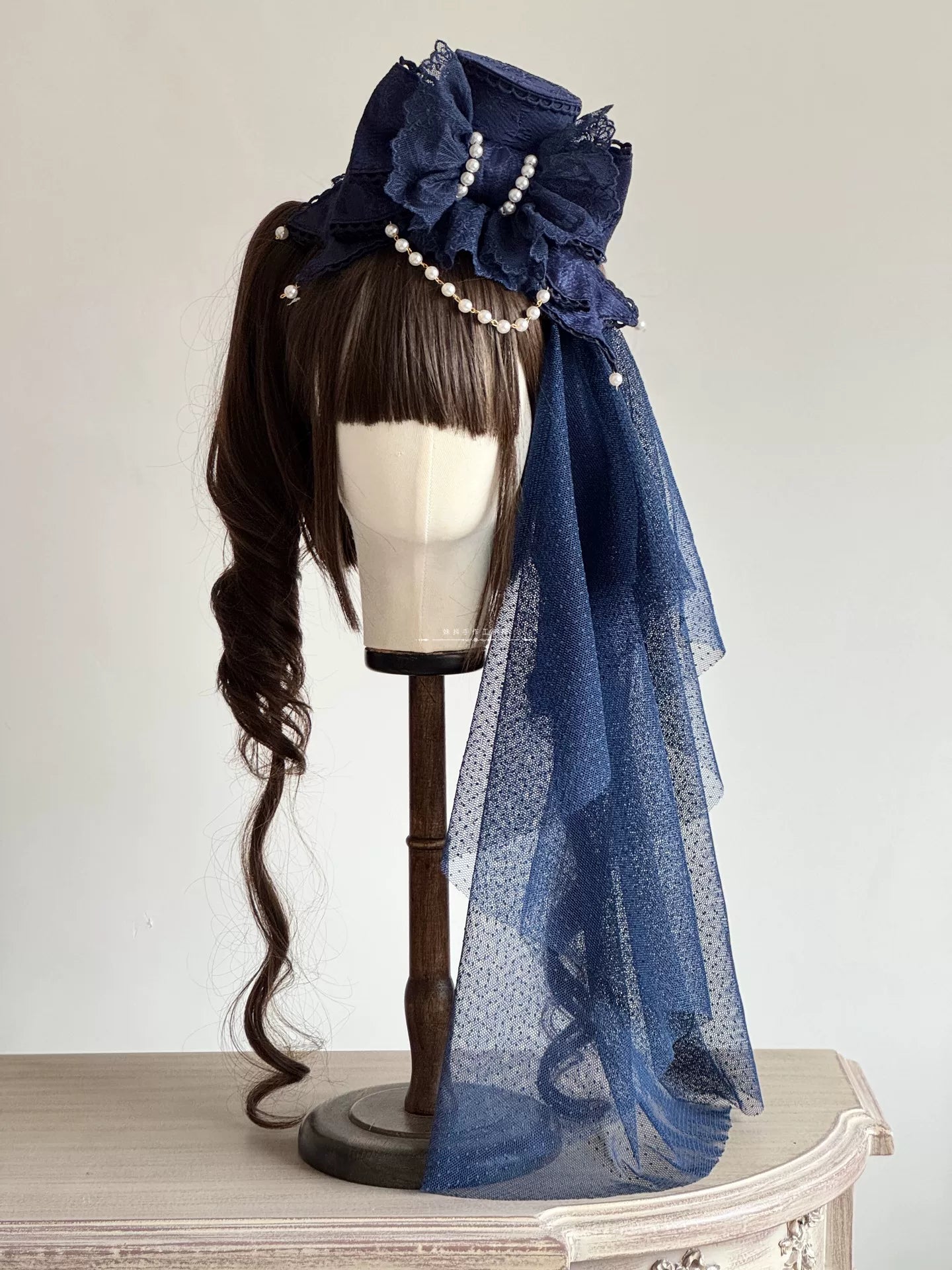 Sweet Lolita Bowknot Top Hat, Lace & Pearl Detail Navy Blue - Top Hat