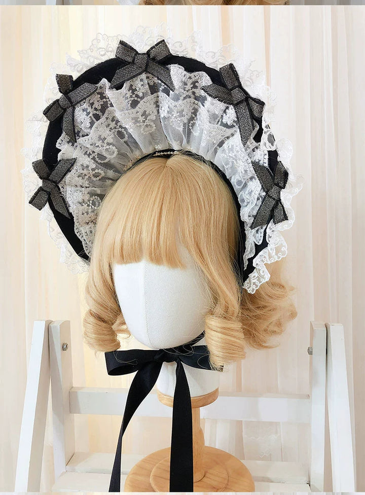 Maid~Sweet Lolita Bonnet Multi-layer Lace BNT Black  