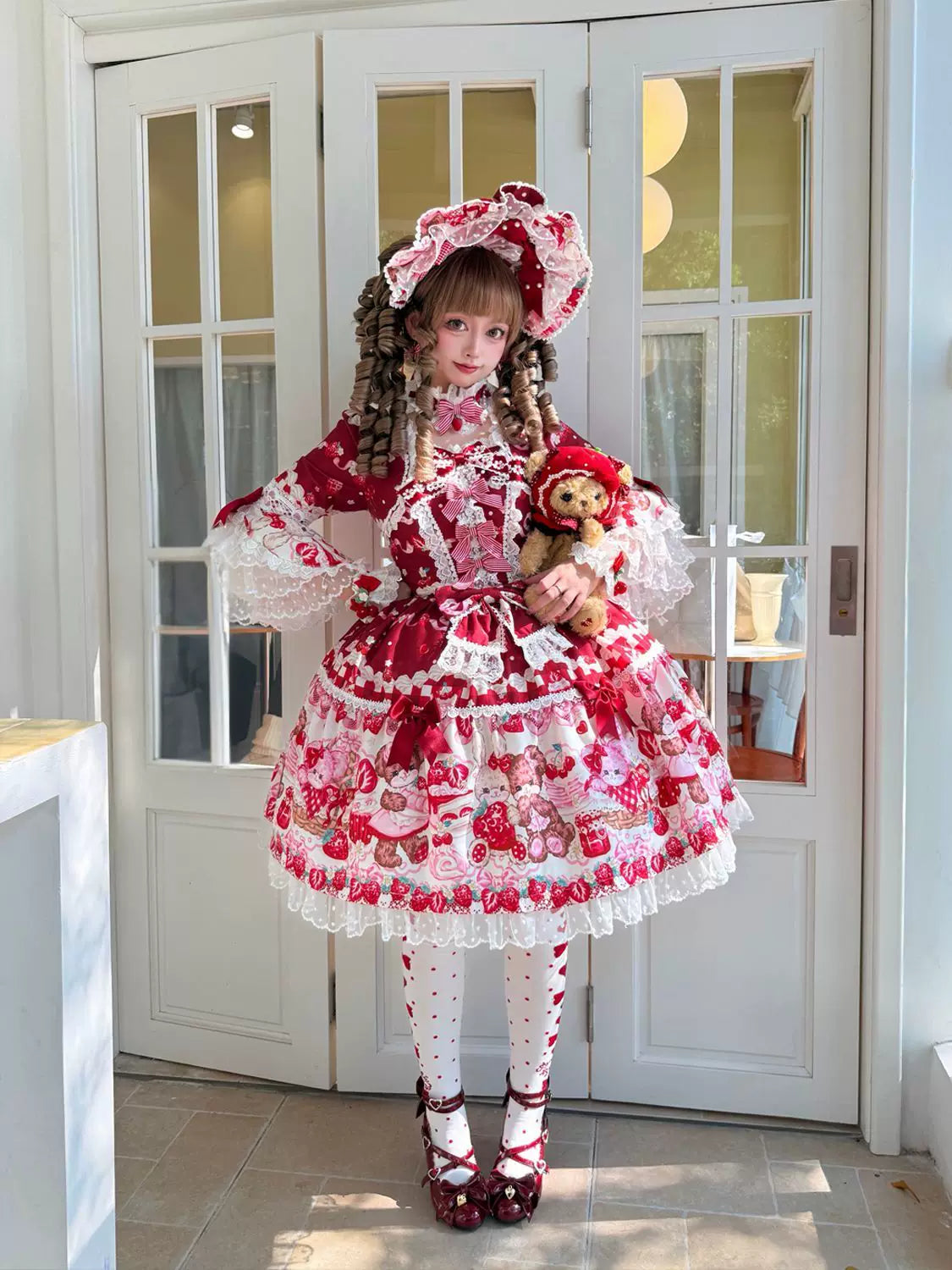 SweetBerry Bunny Bear - Sweet Lolita Hime Sleeve OP Dress, Strawberry and Bear Print
