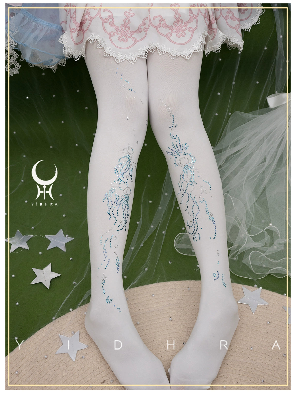 Yidhra~Moonlight Jellyfish~Gorgeous Lolita Pantyhose Velvet Tights Free size White - colored diamond 