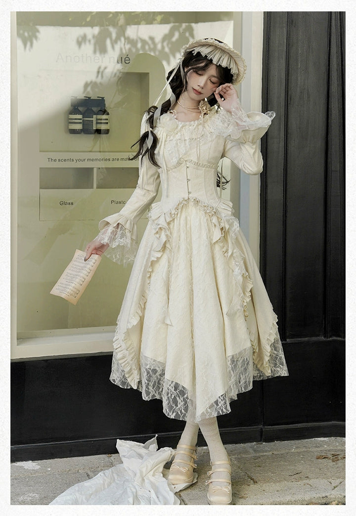 With PUJI~White Tea~Classic Lolita OP Dress with Irregular Design and Fishbone Waistband