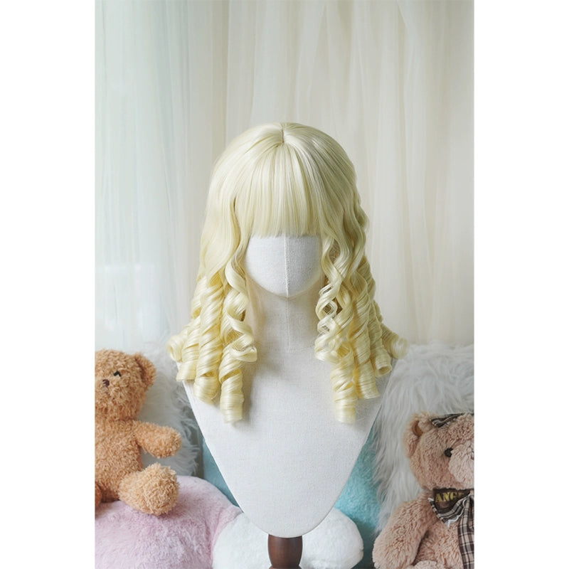 Imperial Tea~Retro Lolita Wig Short Roman Curl Hairpiece Light gold straight bangs with hairnet