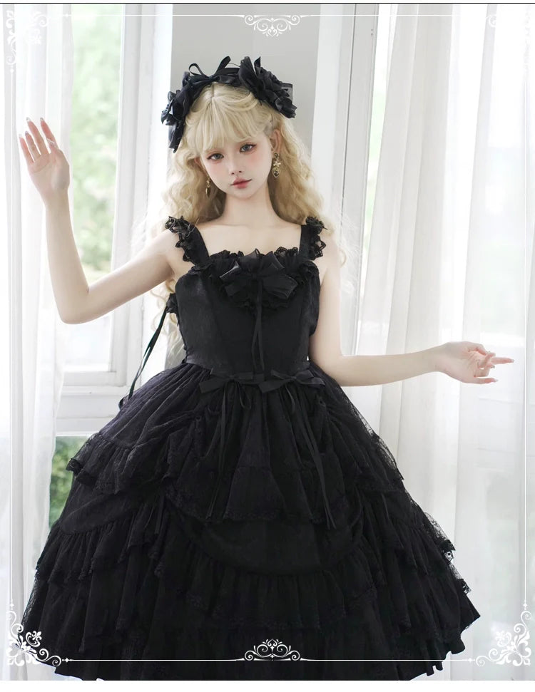 Eieyomi - Iris Love - Elegant Black Lolita JSK Dress, Short Sleeve 44383:806050