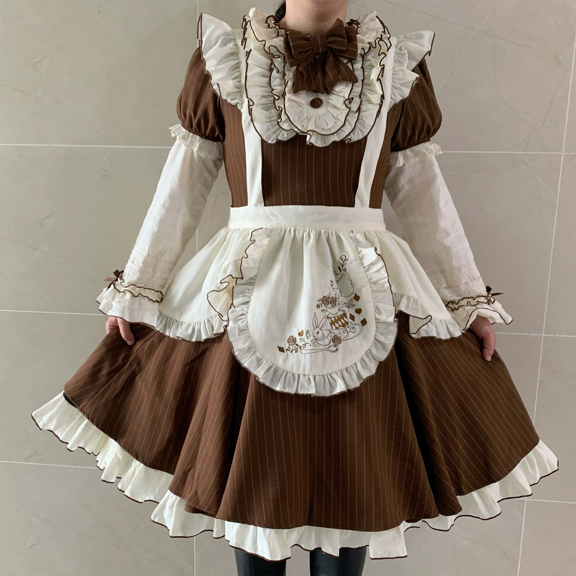 Chubby Cat Diary - Afternoon Tea - Striped Sweet Lolita OP, Petal-Ruffled Apron (2XL 3XL L M S XL) 44318:804547
