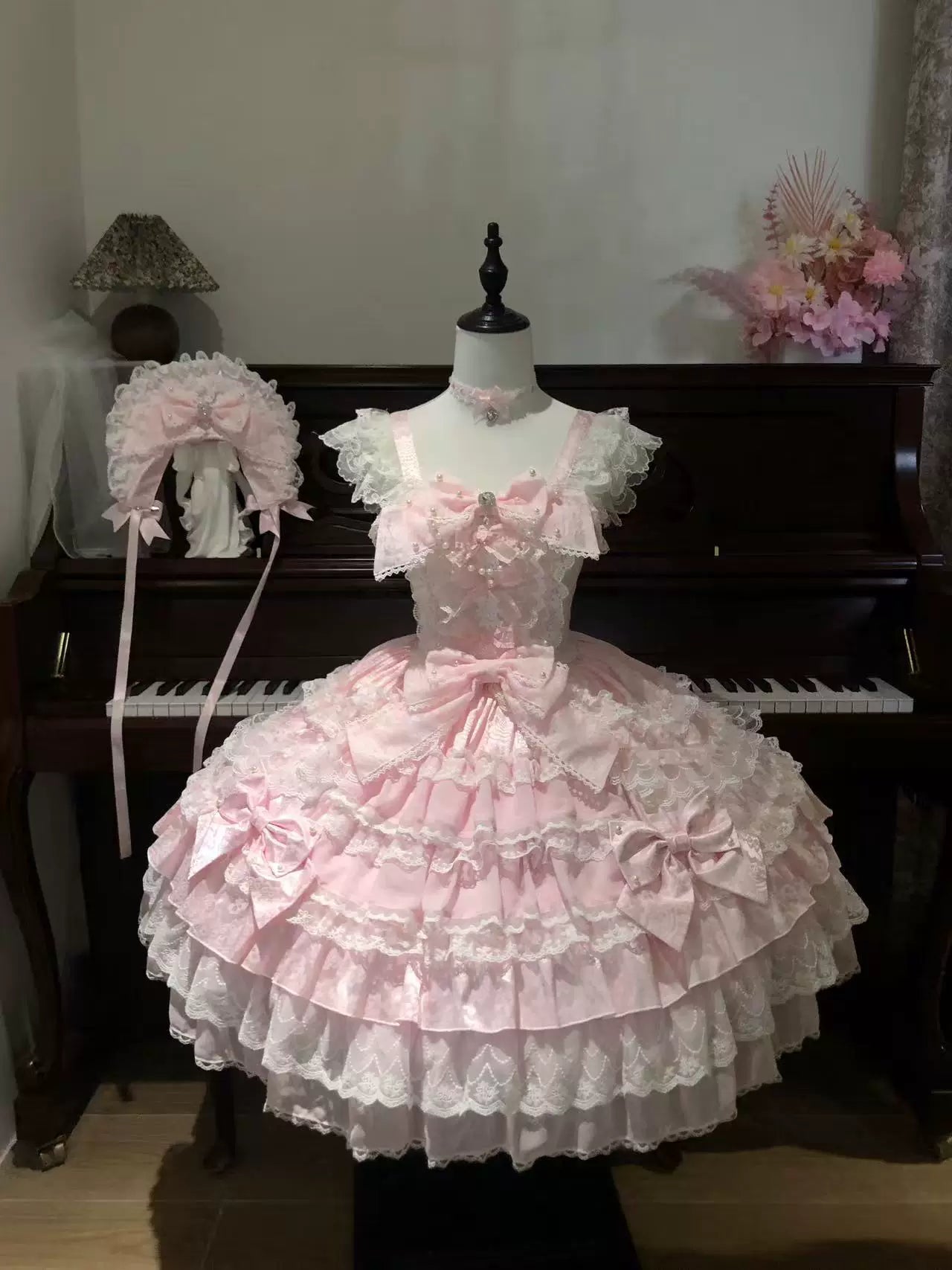 Slumbering Pearl Curtain - Sweet Lolita JSK Dress, Pearl Bows and Layered Lace 45780:862475