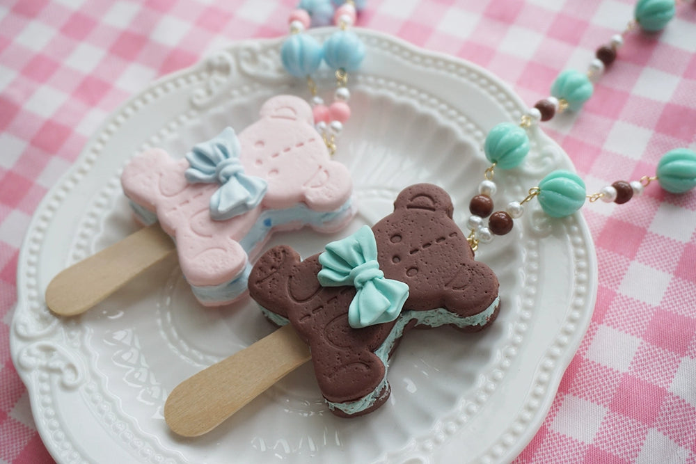 Cat Tea Party~Kawaii Lolita Necklace Bear Biscuit Ice Cream Handmade Clay Necklace   