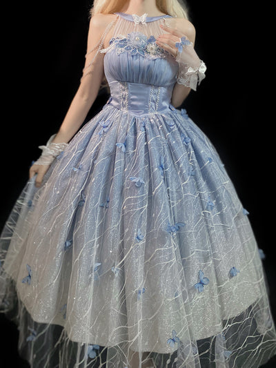 Night Dream~Butterfly Dreamland~Elegant Lolita Gorgeous Blue Butterfly JSK XS long JSK (3-piece set) 
