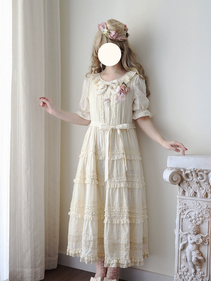 Miss Point~Cat Rose Tea~Elegant Lolita OP Open-front Short Sleeve Tiered Dress 42135:727785