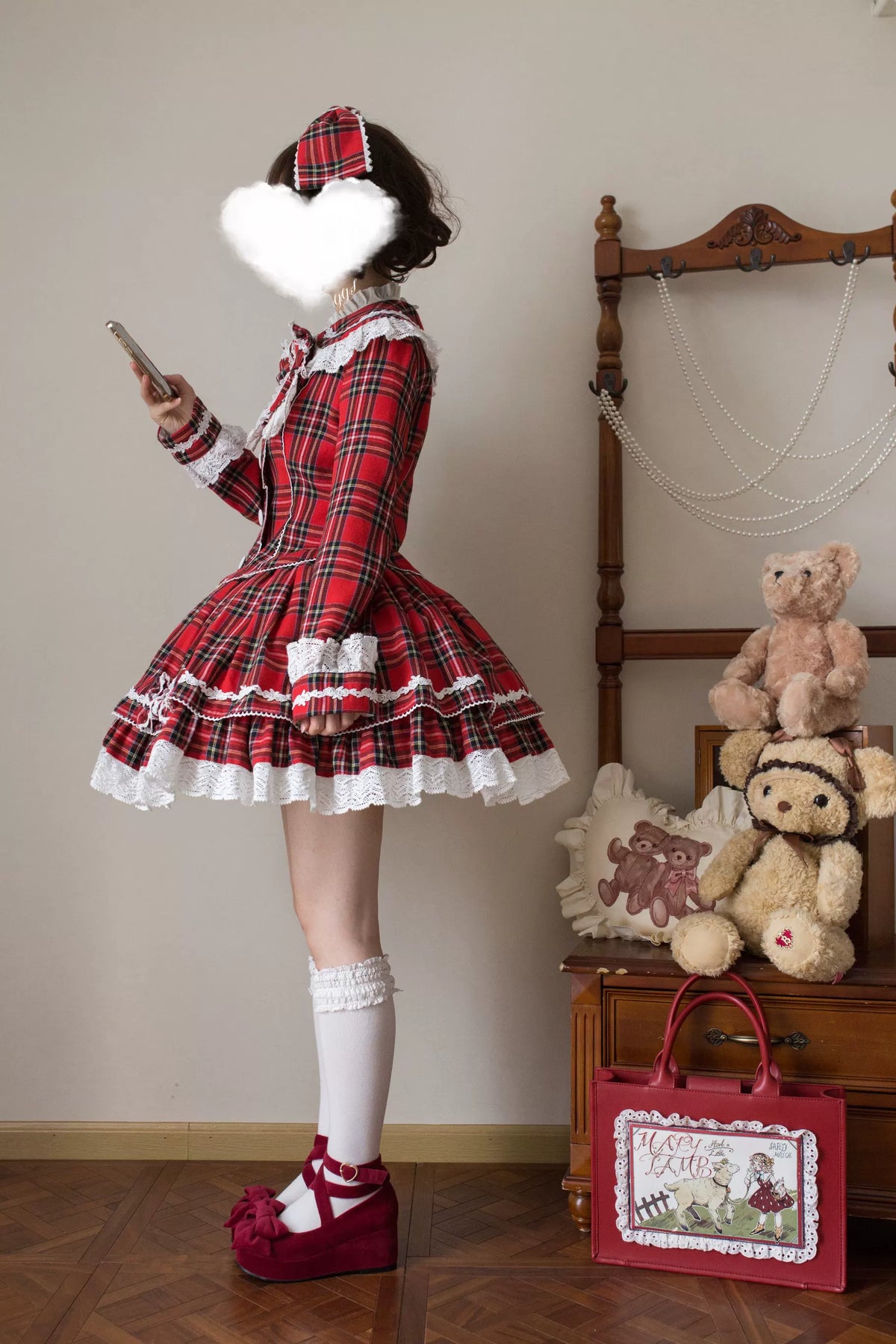 Christmas Knot - Christmas Old School Lolita Jacket & Skirt Set, Red Plaid 46051:873272