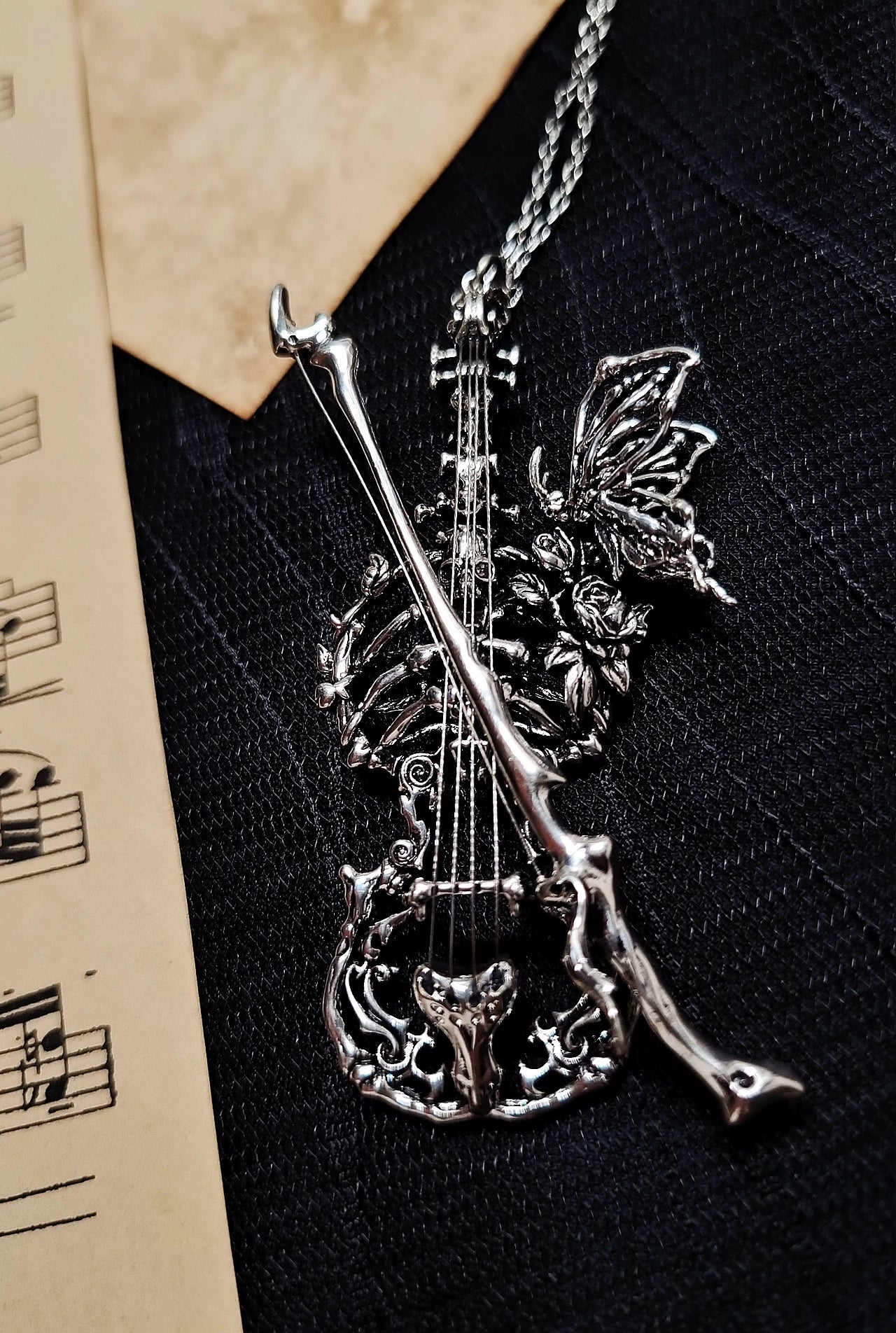 LilithHouse - Phantom Violin - Gothic Lolita Necklace, Butterfly & Bone Elements