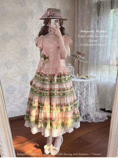 Beleganty~Tulip's Rabbit-Bear Dream~Sweet Lolita SK Suit Lolita Flutter Sleeve Top Pink Green - Long SK S 