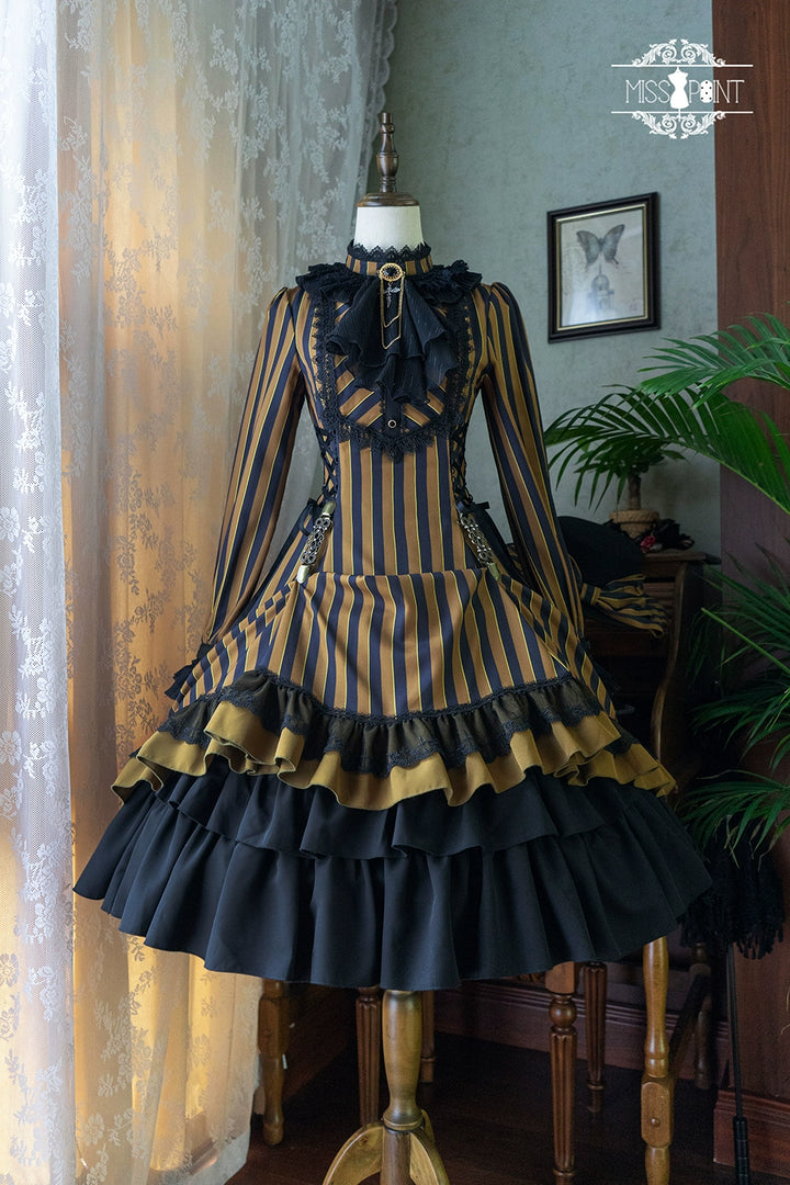 Miss Point~Perintz Manor~Gothic Lolita OP Long Sleeve Retro Lolita Dress XS Yellow stripes 