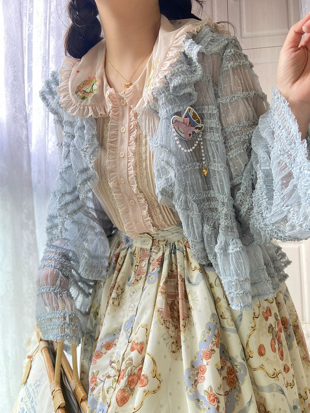 Miss Point~Cat Rose Tea~Sweet Lolita Tulle Cardigan and Long Skirt Overlay 42141:728116