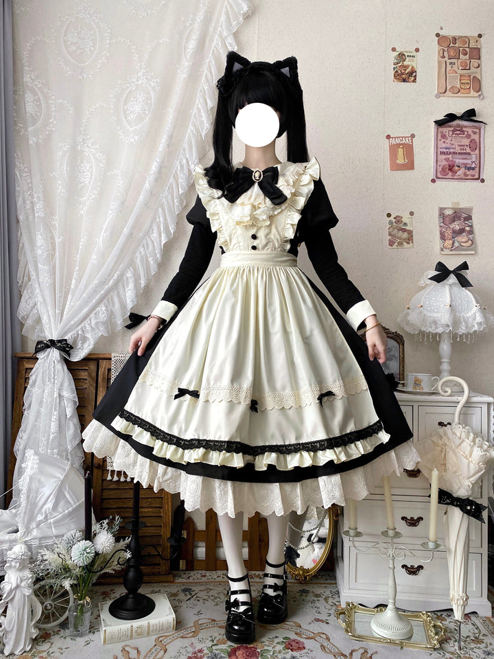 Qianmu~Classic Maid~Gothic Maid Lolita OP Suit with Apron and Jabot