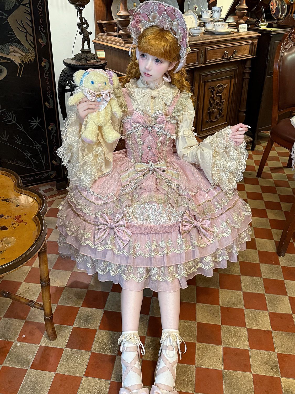 Hanguliang - Gem Crown - Sweet Lolita JSK Suit Tiered Ruffles Doll-Like Dress and BNT 42610:747531