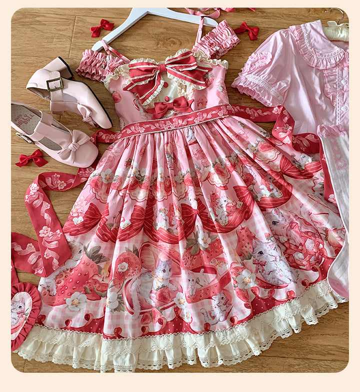 Mewroco~Strawberry Cat~Sweet Lolita Dress Suit JSK and Salopette with Cat Prints (L M S XL) 42105:726549