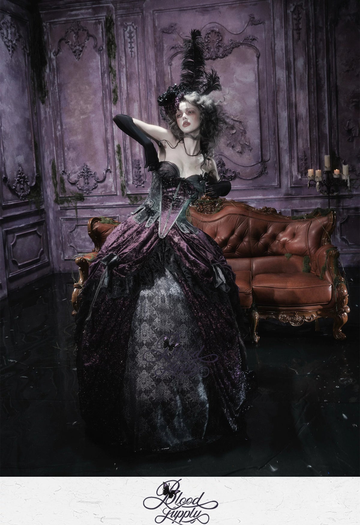 Undead's Gift - Halloween Gothic Lolita Draped Panel Skirt Set, 3D floral lace
