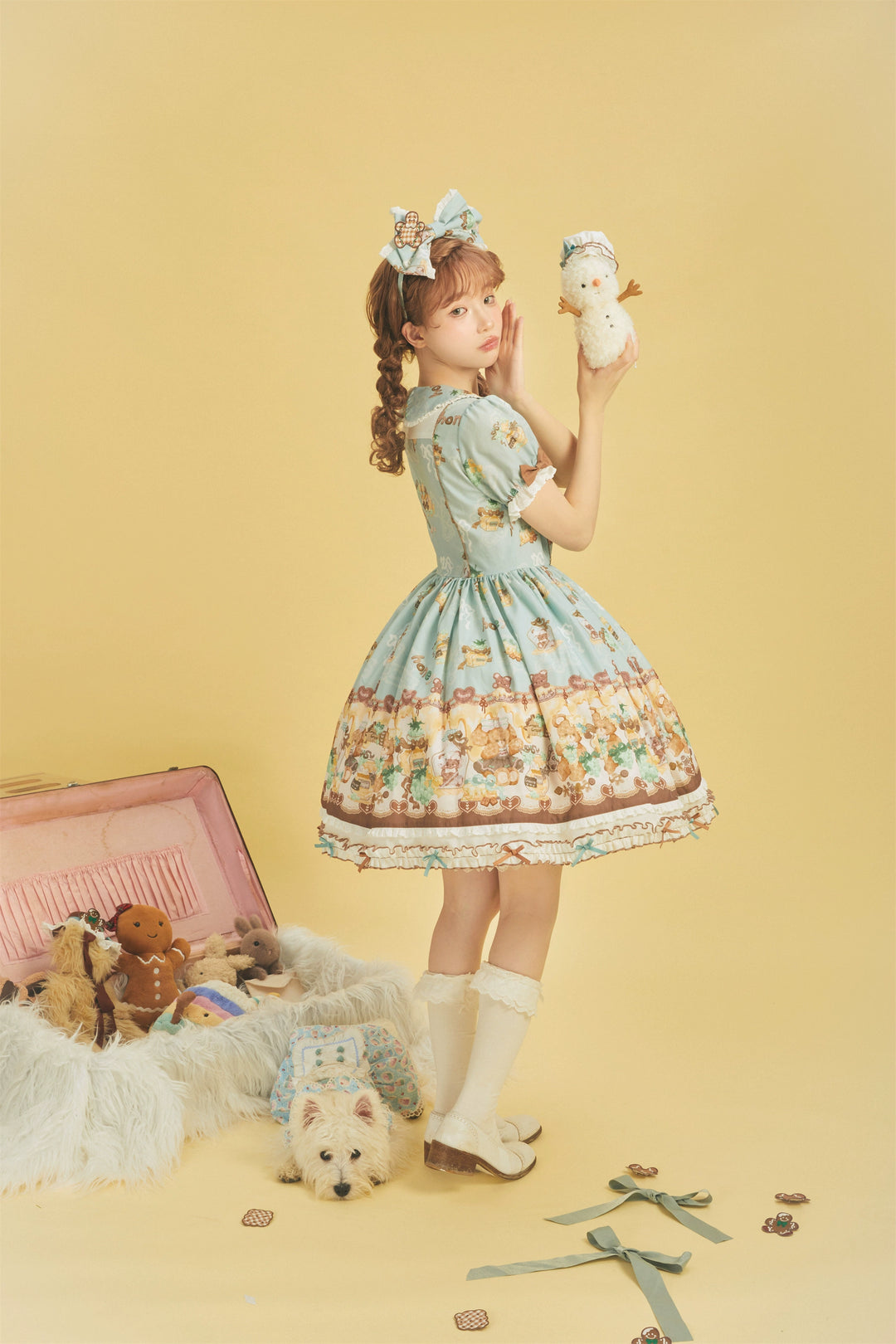 Babyblue~Little Bear Honey Jar~Kawaii Lolita Short Sleeve OP Gingerbread Man Embroidered Dress