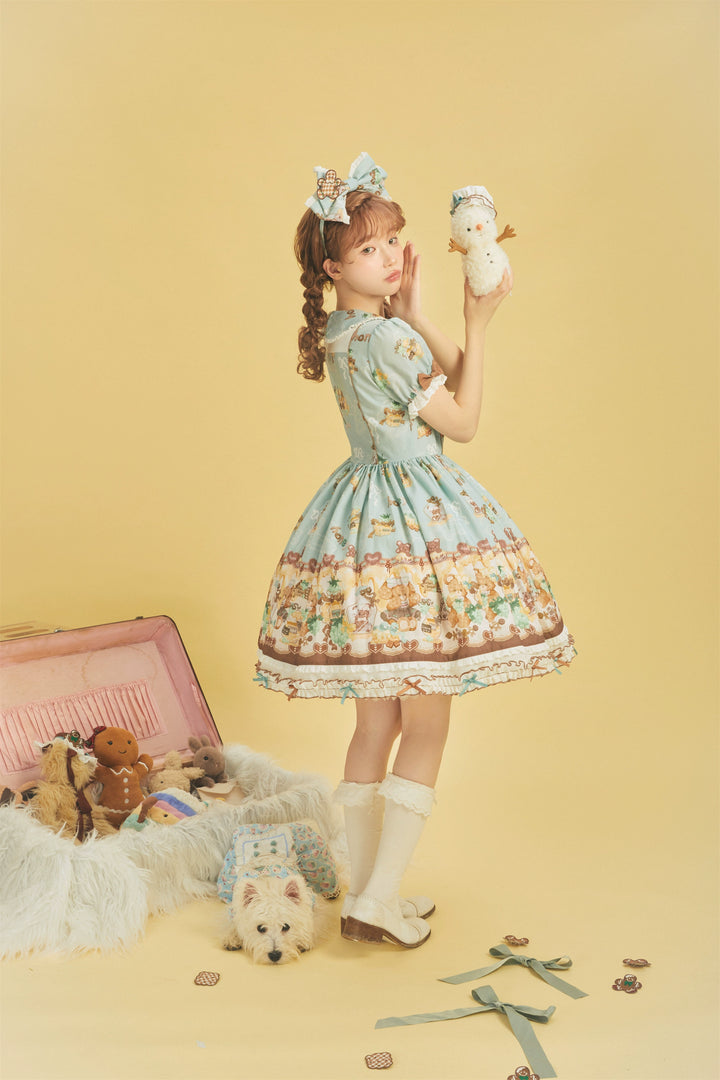 Babyblue~Little Bear Honey Jar~Kawaii Lolita Short Sleeve OP Gingerbread Man Embroidered Dress   