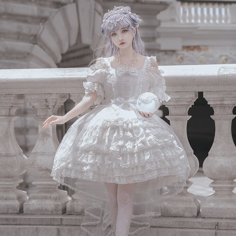 OCELOT~Moon God Love Poem~Wedding Lolita Chiffon Bridal White Dress S white 