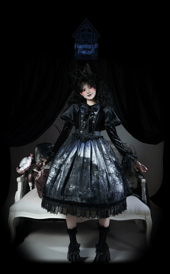 LilithHouse~Horror House~Gothic Lolita OP Set with Cape and Castle Print